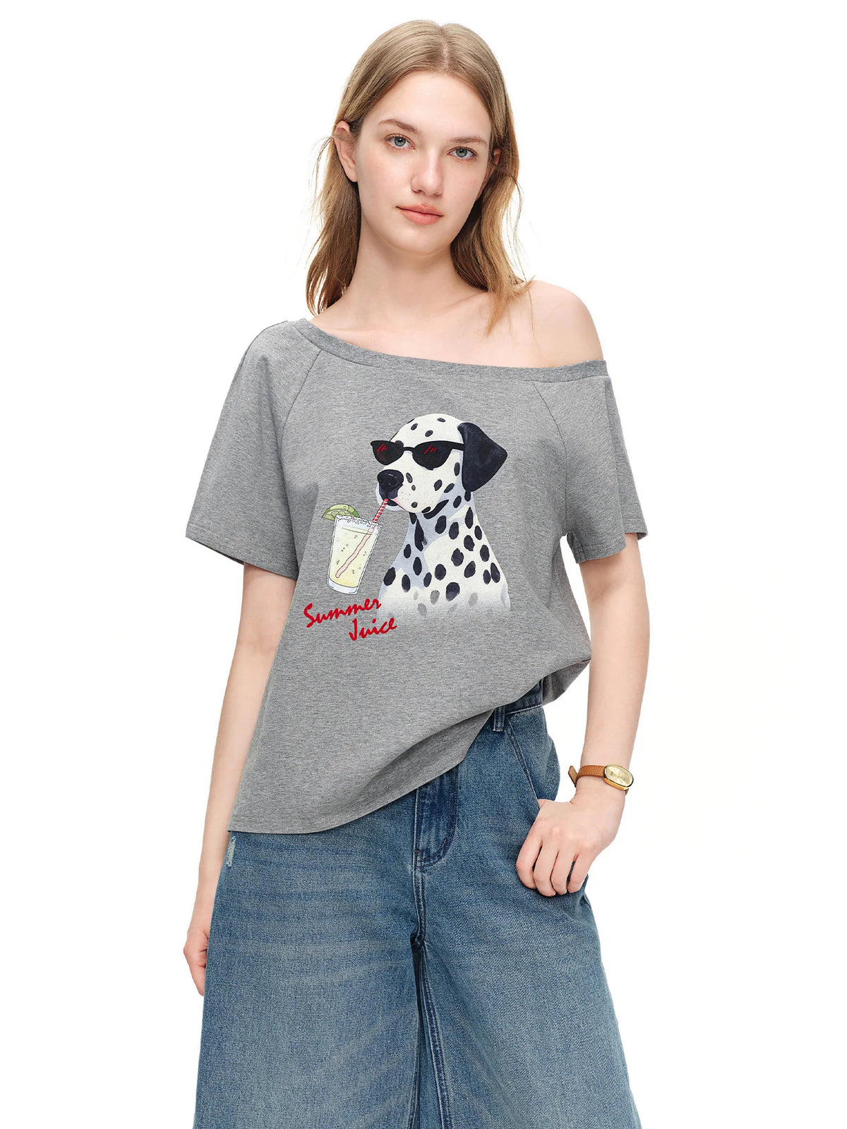 DUSHU Women's One Shoulder T-Shirt Y2K Dog Print Casual Top