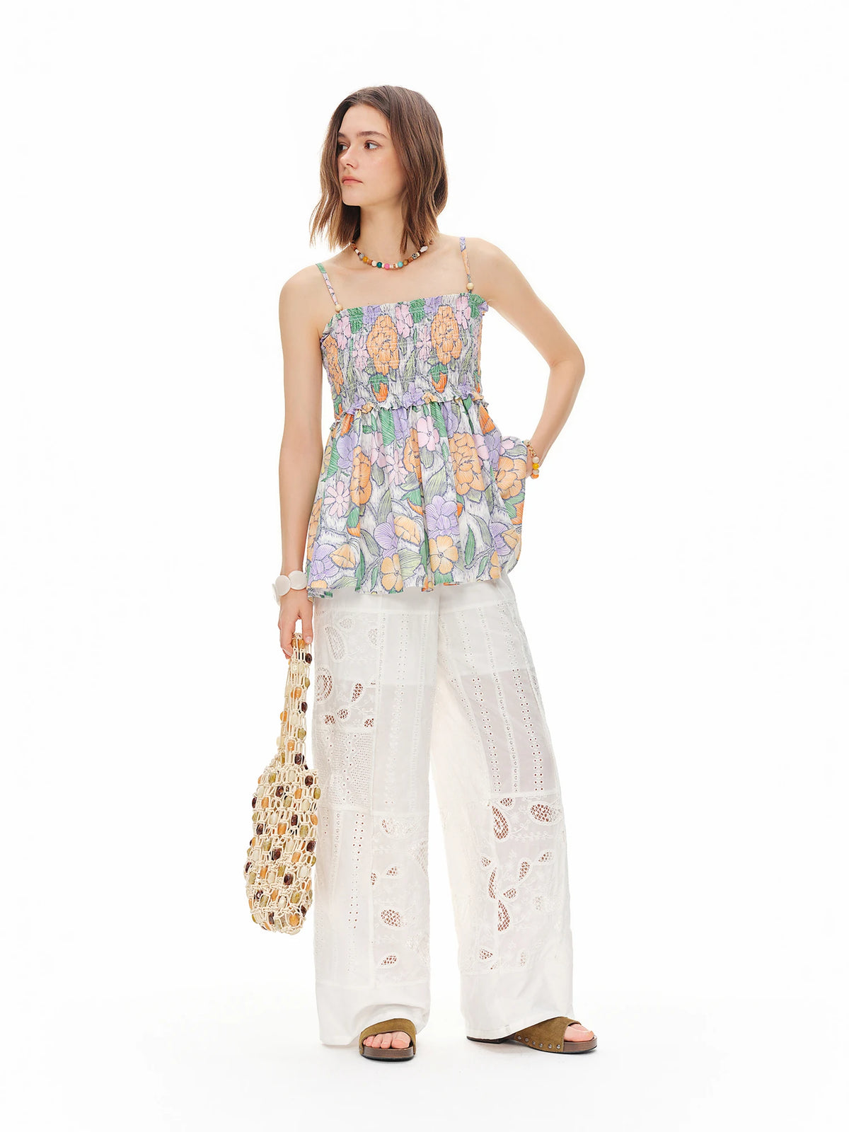 White Hollow Embroidery Wide-Leg Pants | High-Waisted Summer Trousers