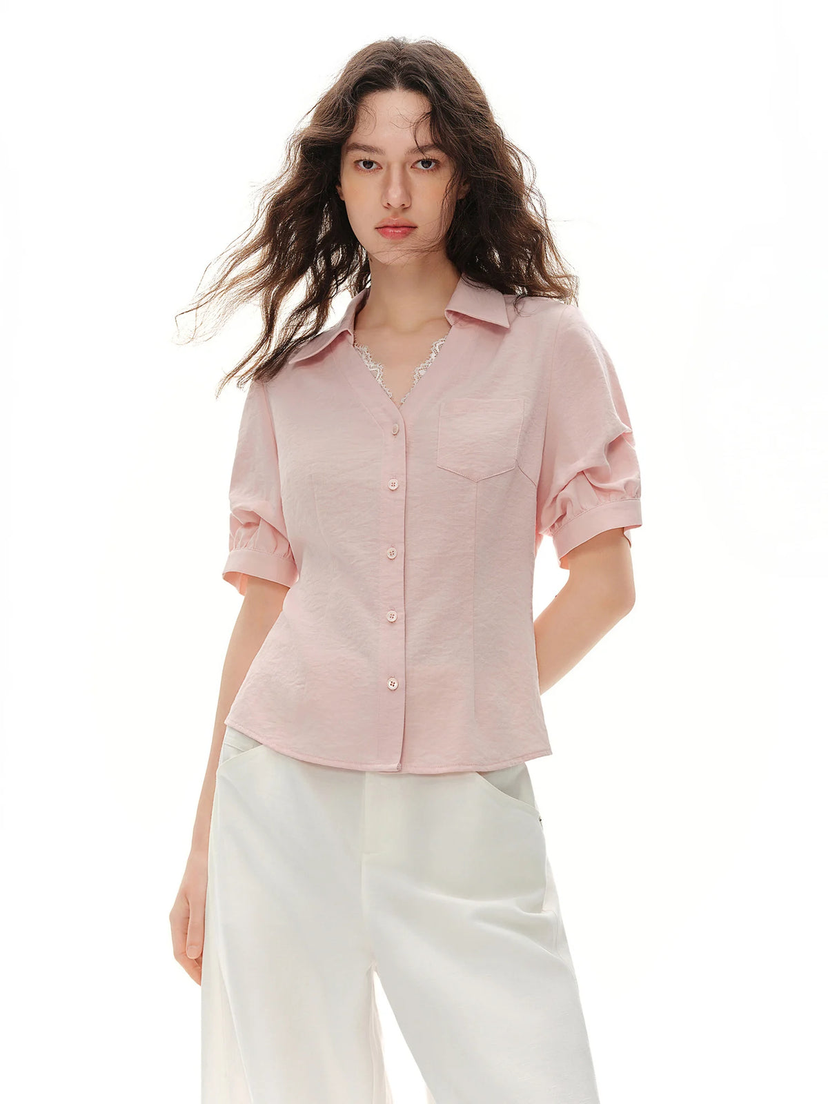 Women's Lace Short Sleeve Blouse - Structured Shoulder Office Chic