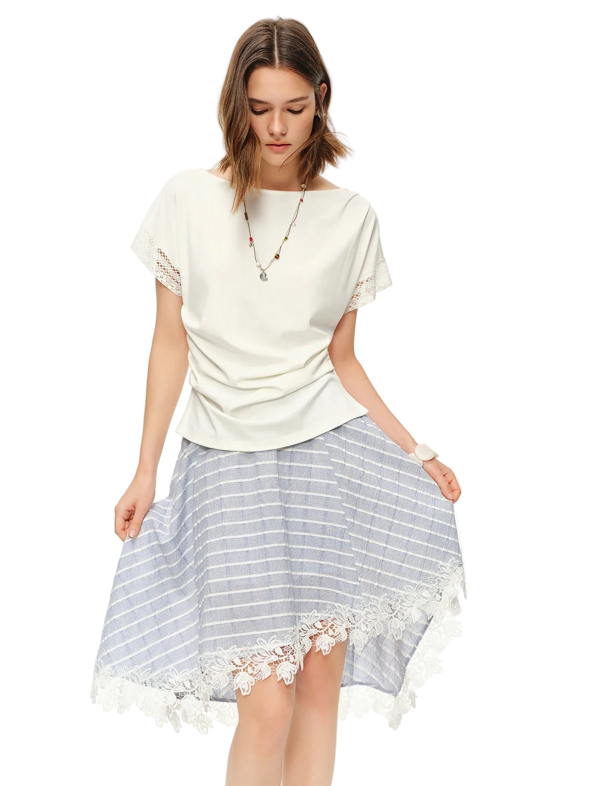 Asymmetric Lace Striped Midi Skirt - High Waist Romantic A-Line