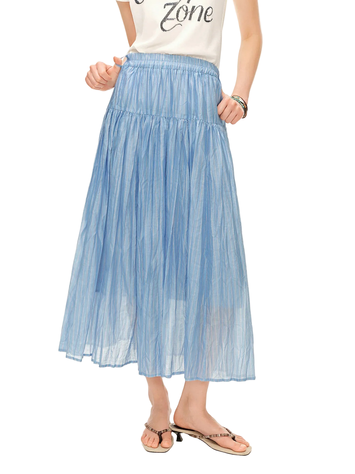 Striped Pleated Midi Skirt - High Waist A-Line Summer Skirt