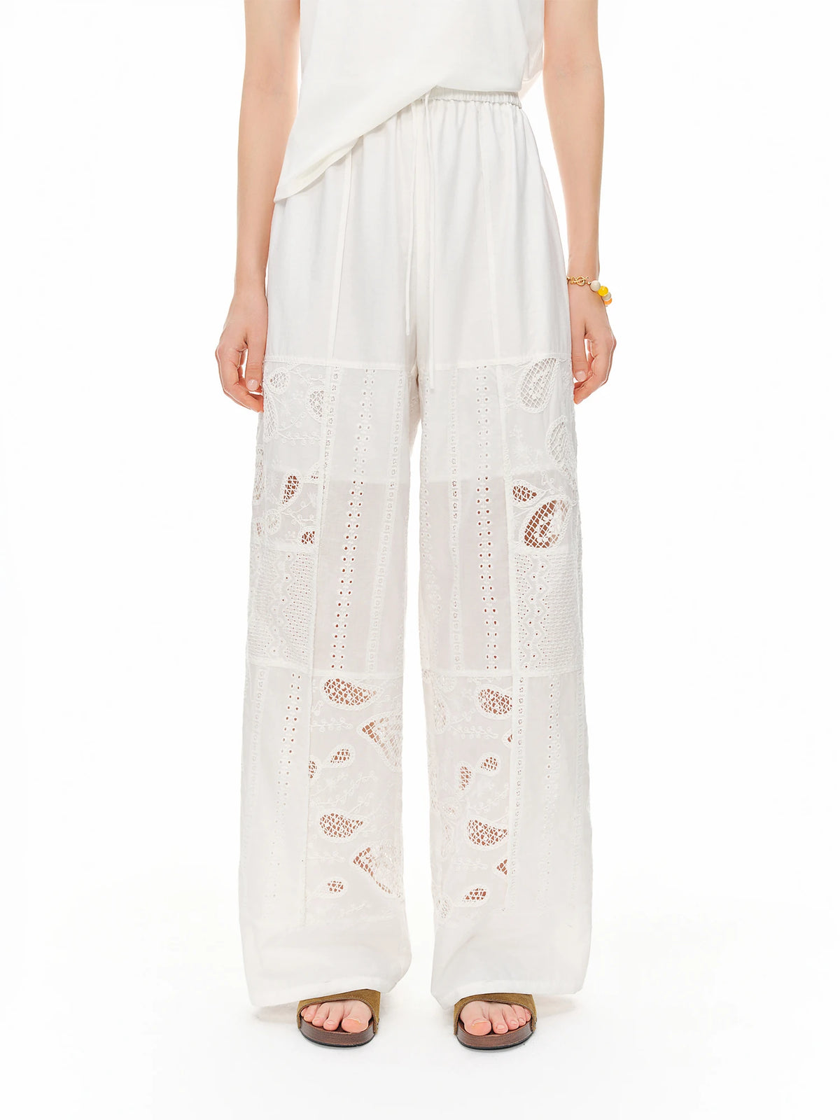 White Hollow Embroidery Wide-Leg Pants | High-Waisted Summer Trousers