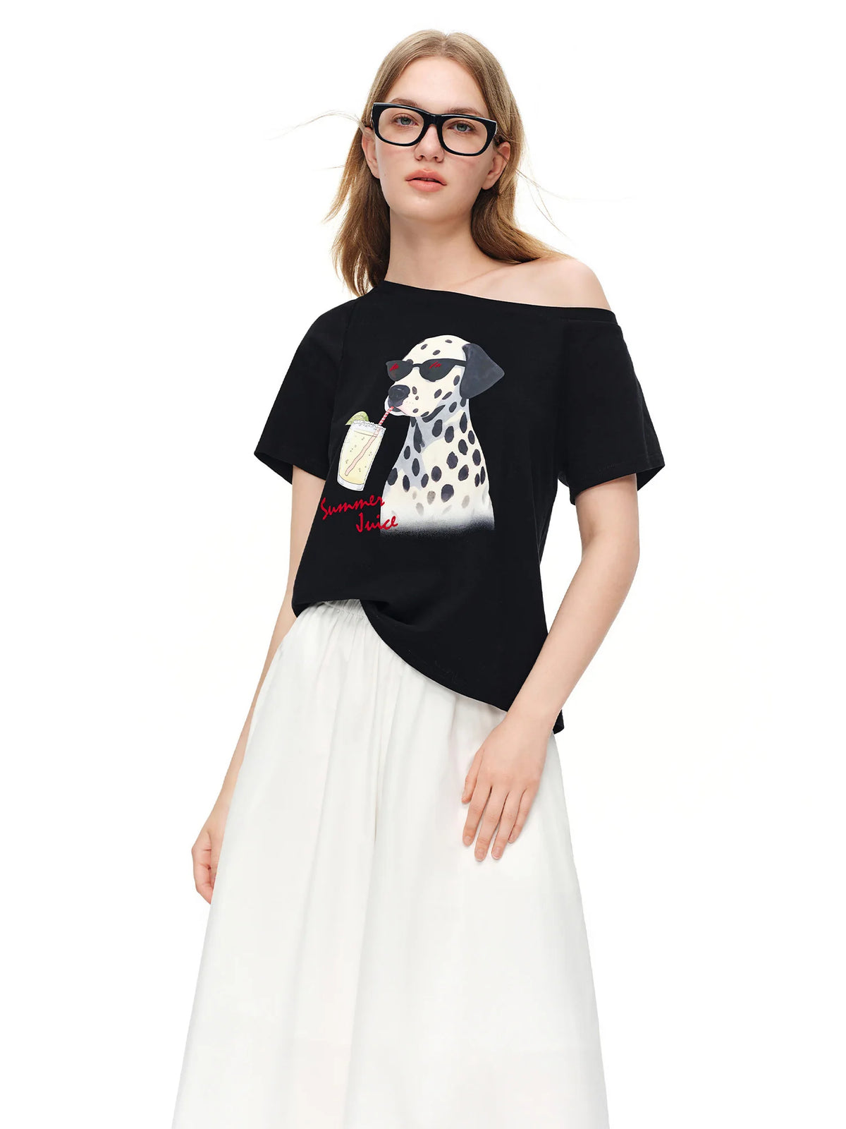 DUSHU Women's One Shoulder T-Shirt Y2K Dog Print Casual Top