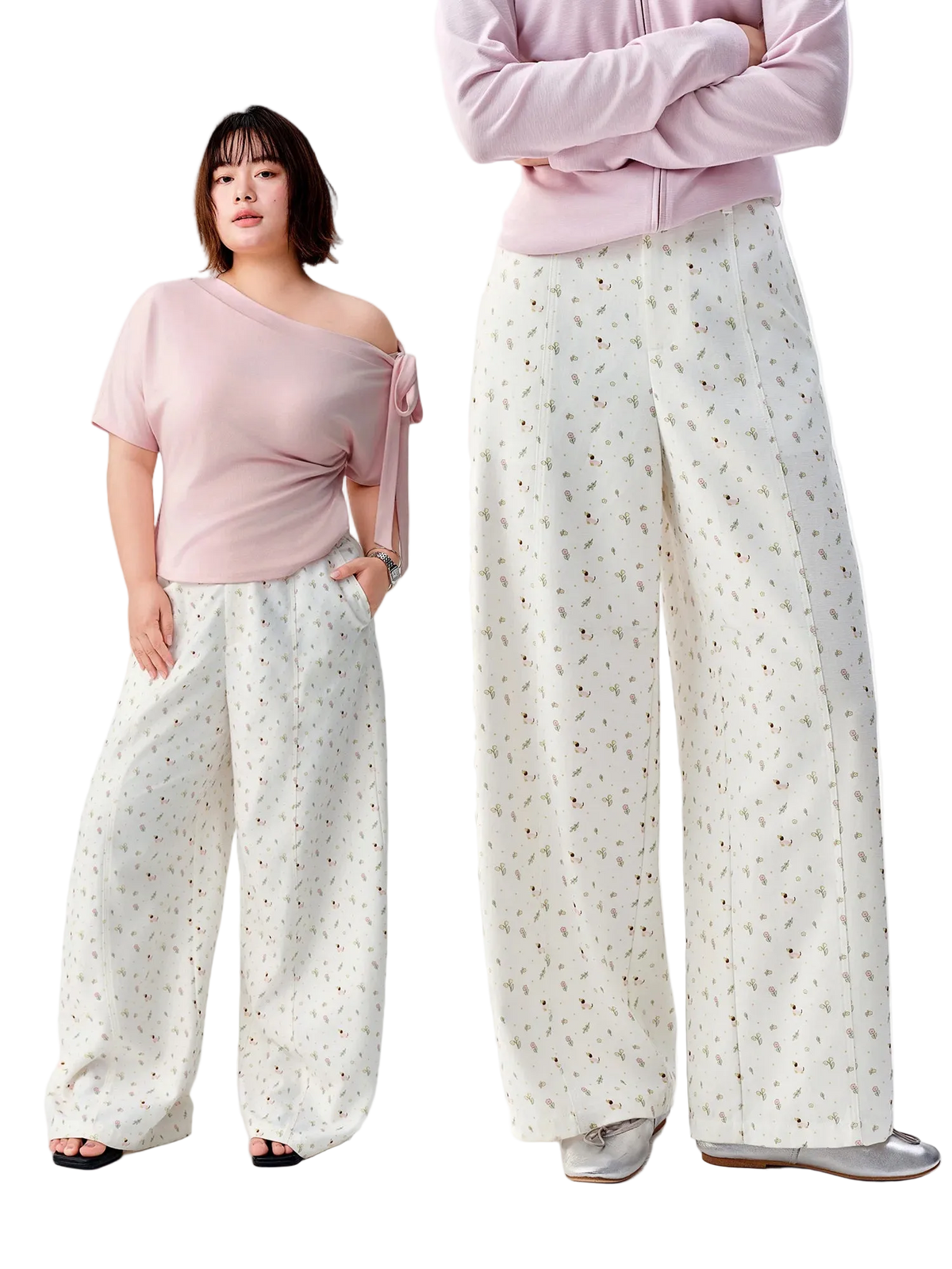 Pink Floral High-Waisted Cotton Blend Straight Leg Pants