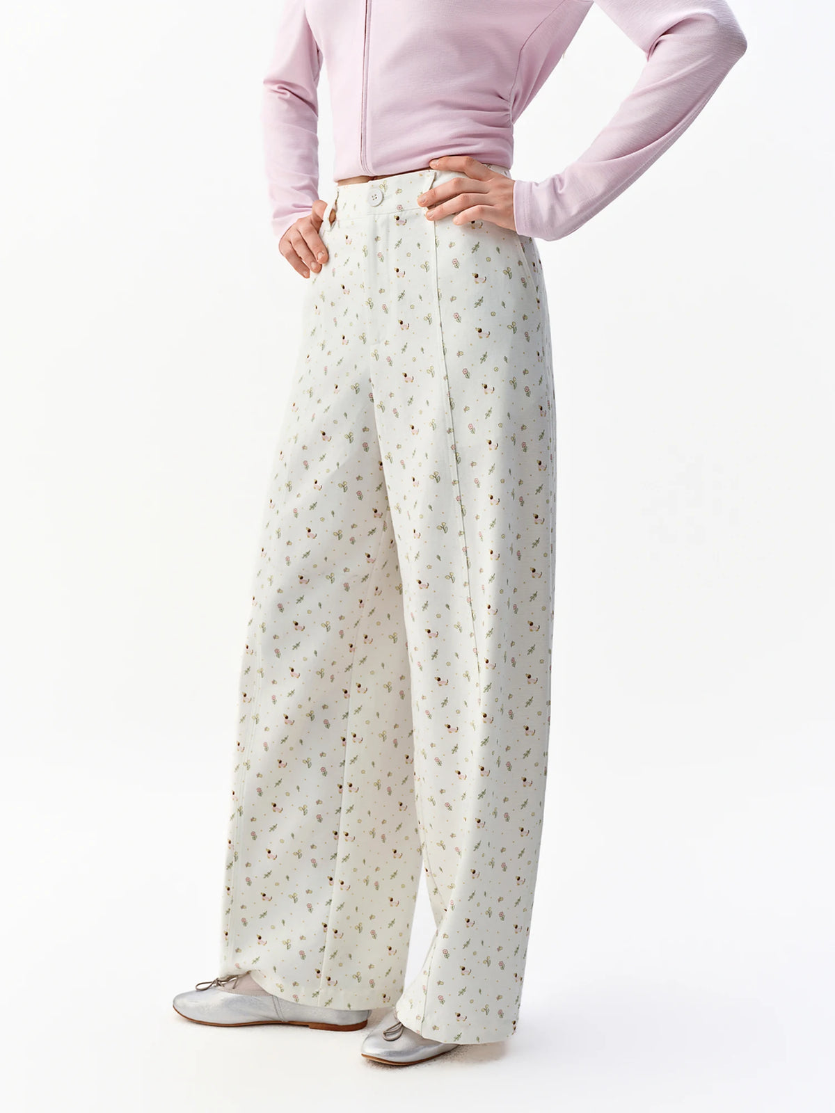 Pink Floral High-Waisted Cotton Blend Straight Leg Pants