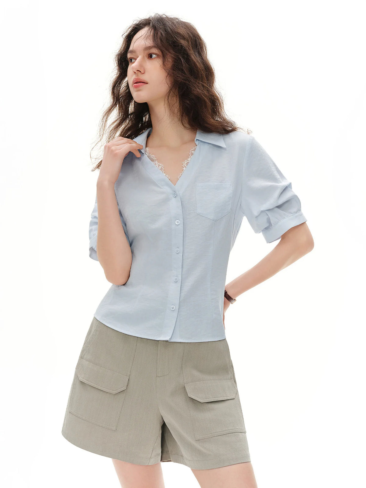 Women's Lace Short Sleeve Blouse - Structured Shoulder Office Chic