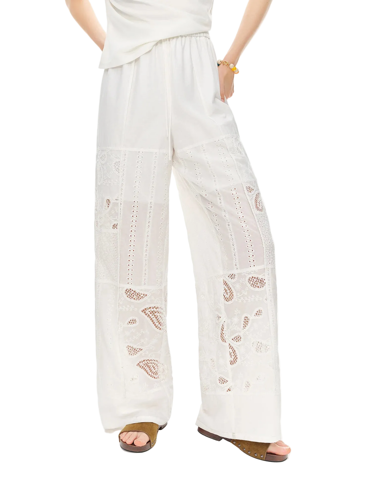 White Hollow Embroidery Wide-Leg Pants | High-Waisted Summer Trousers