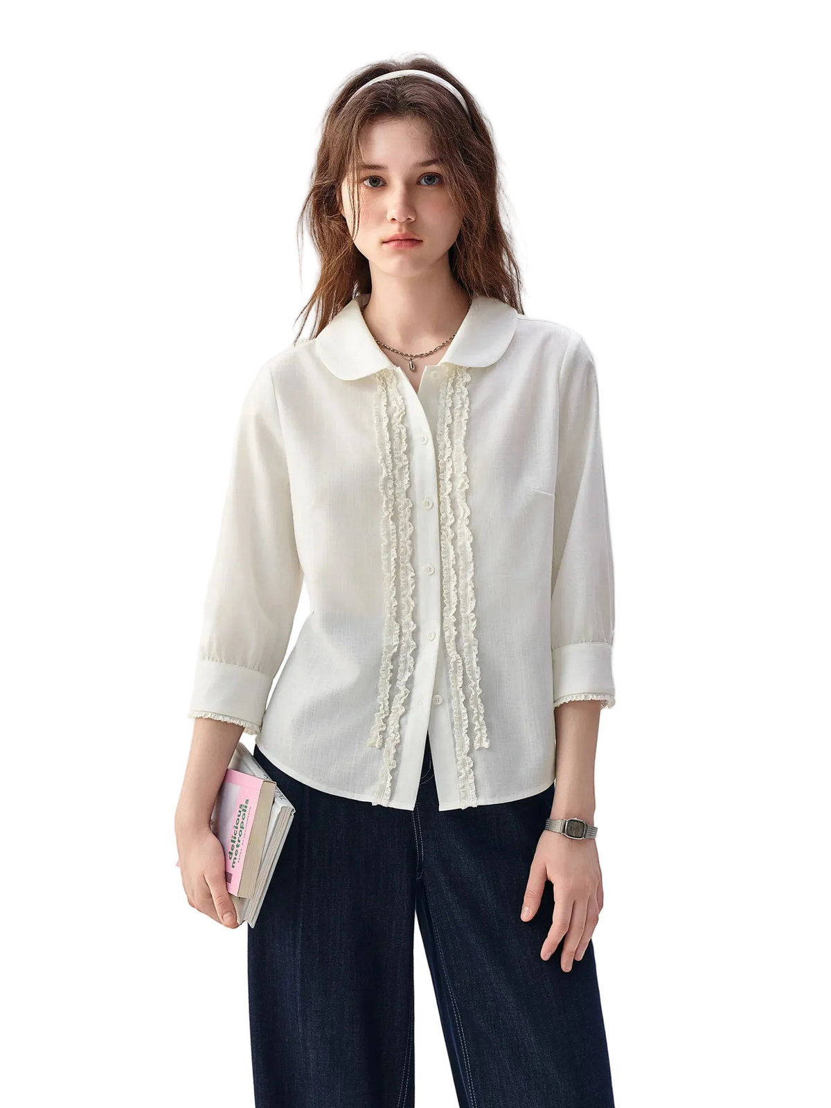 Women's Lace Peter Pan Collar Blouse - Ruffled Long Sleeve Shirt