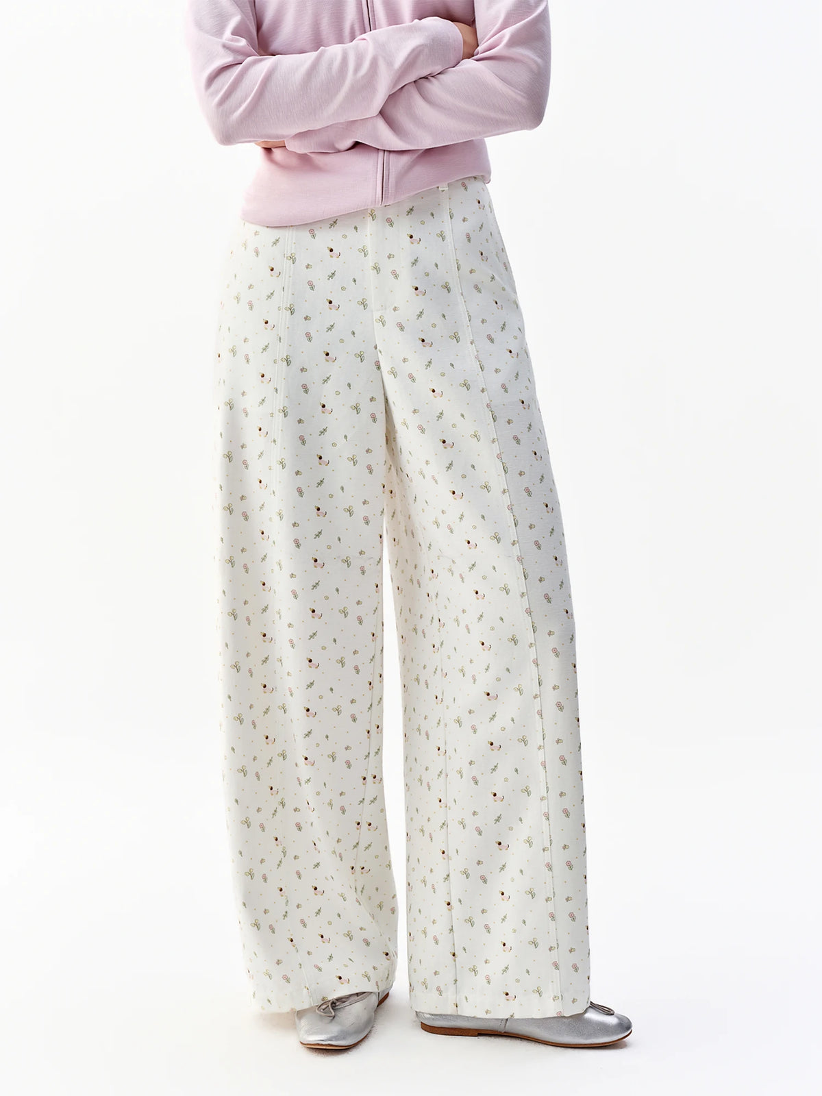 Pink Floral High-Waisted Cotton Blend Straight Leg Pants