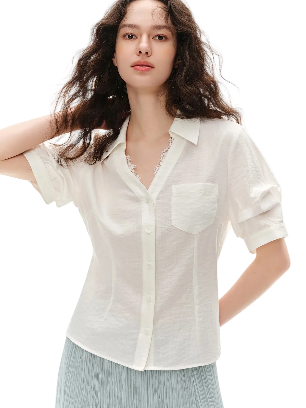 Women's Lace Short Sleeve Blouse - Structured Shoulder Office Chic