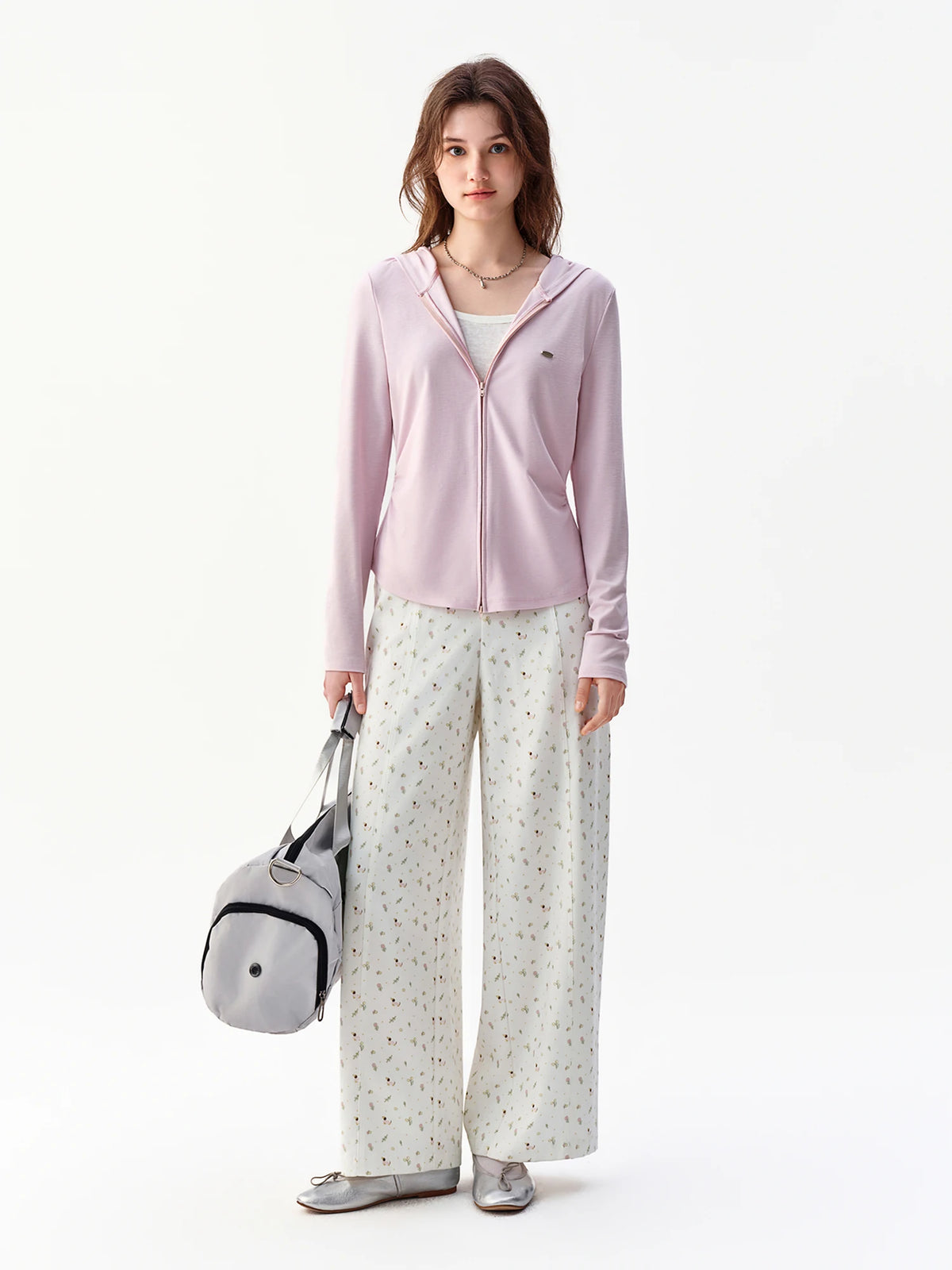 Pink Floral High-Waisted Cotton Blend Straight Leg Pants