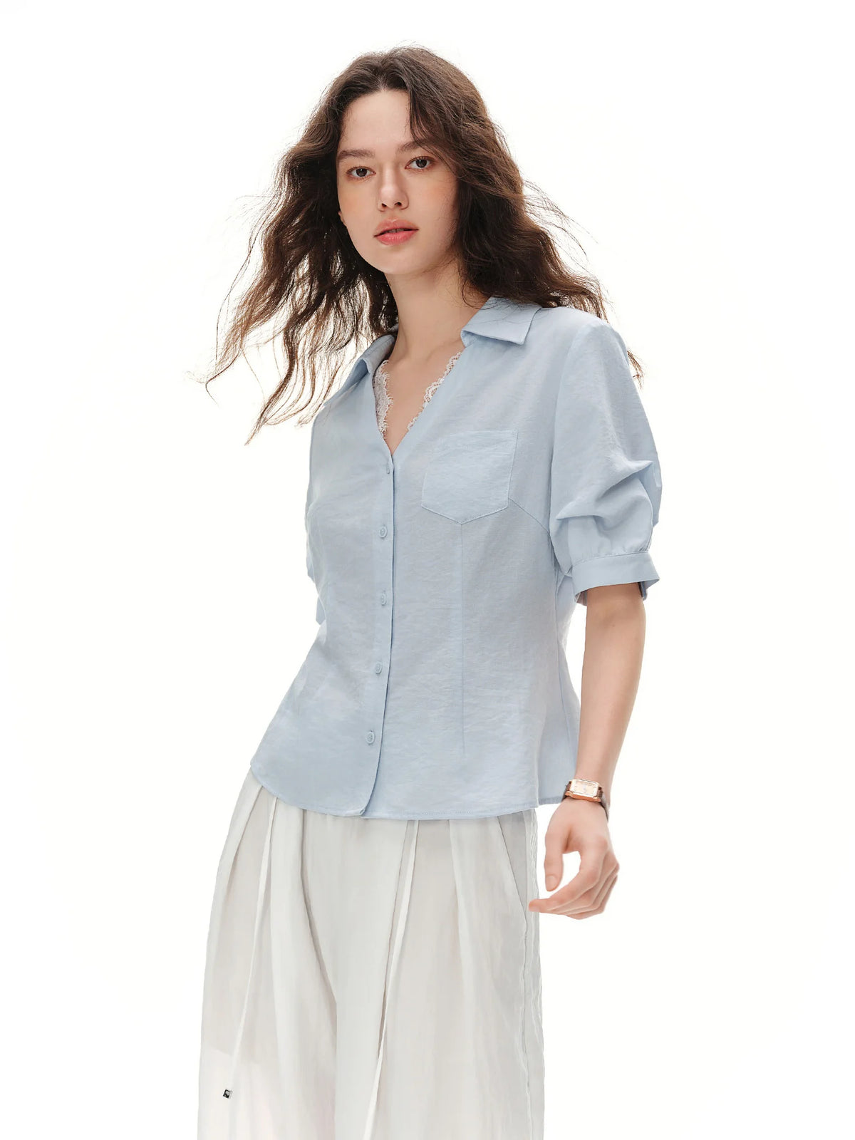 Women's Lace Short Sleeve Blouse - Structured Shoulder Office Chic