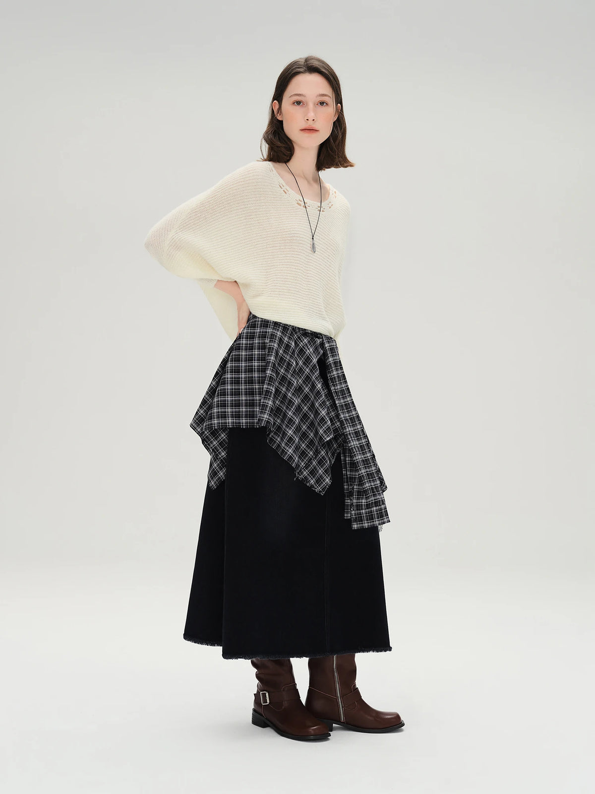 Plus Size Black Denim Midi Skirt - High Waist Slimming Casual Wear