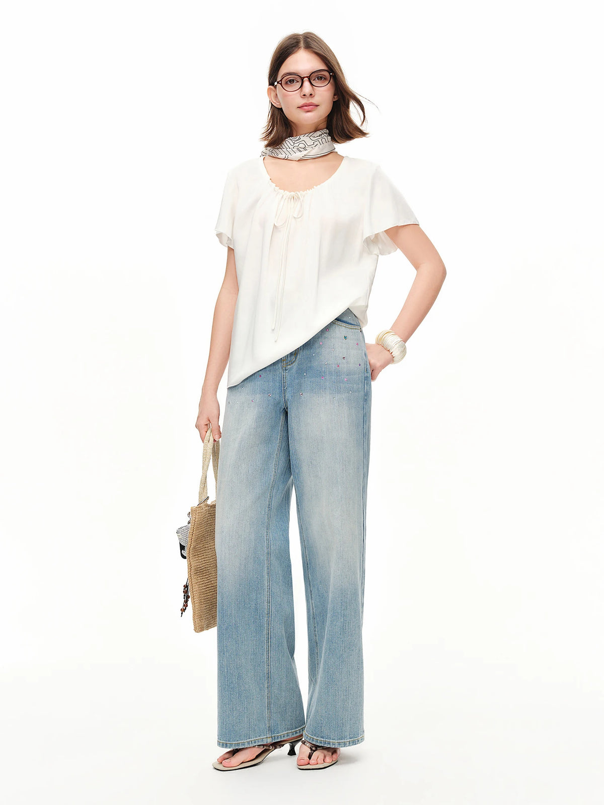 Women's Flutter Sleeve Summer Blouse Drawstring Relaxed Fit Top