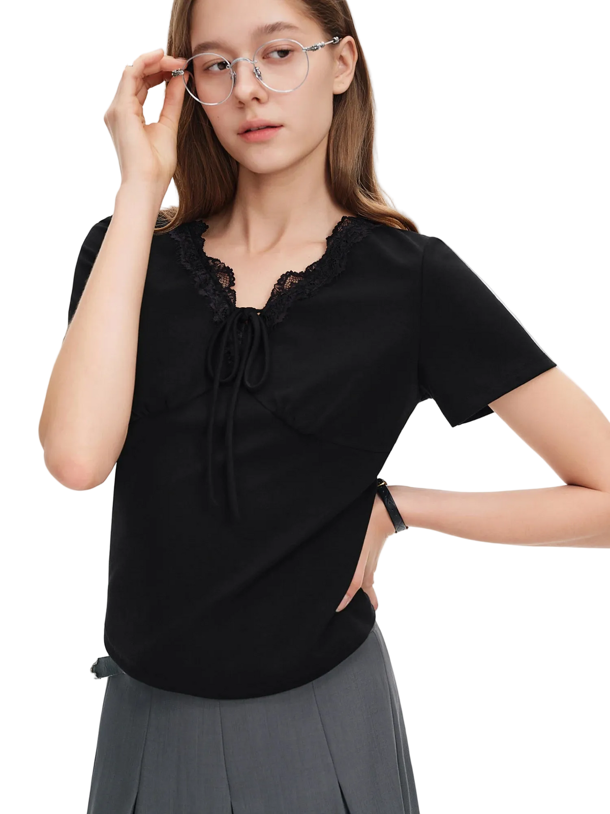 French Lace Trim V-Neck T-Shirt | Waist-Defining Summer Casual Top