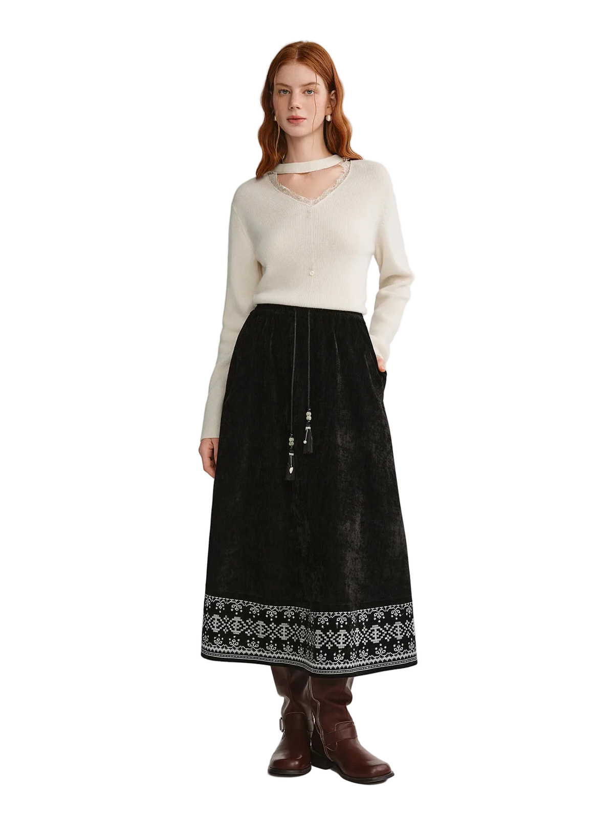 Bohemian Embroidered Maxi Skirt - Plus Size Ethnic A-Line Winter Skirt