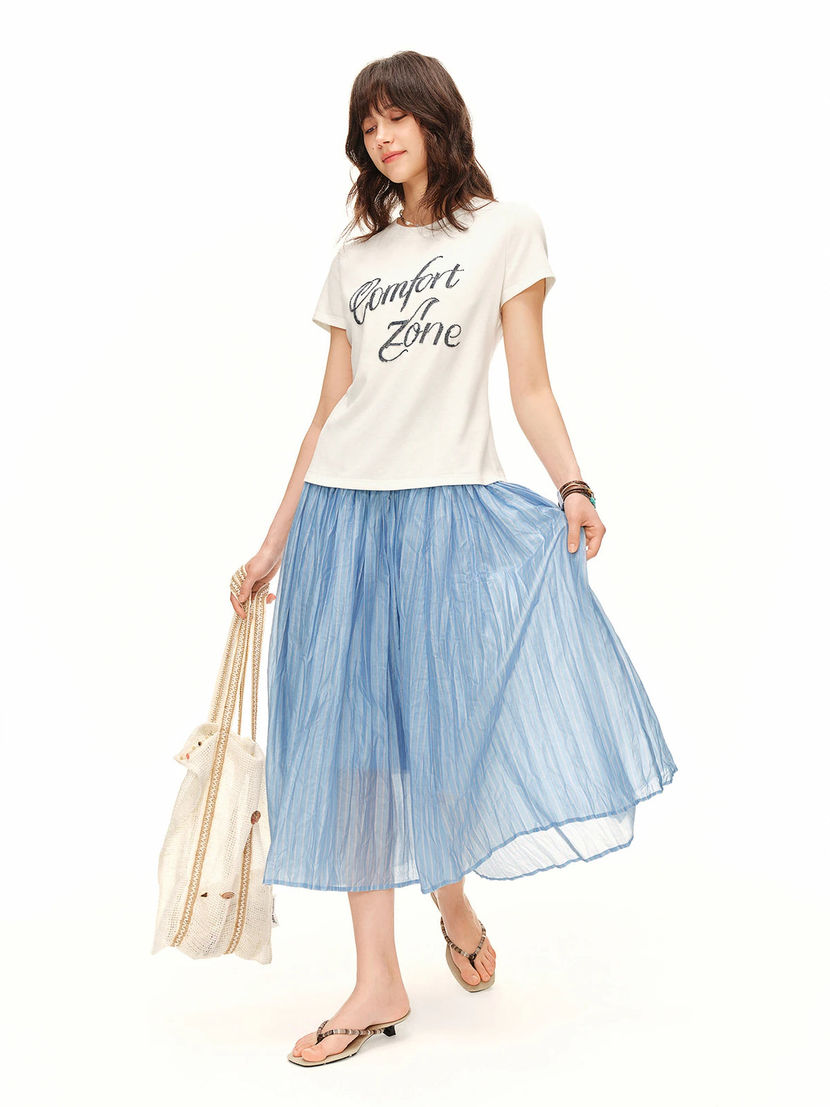Striped Pleated Midi Skirt - High Waist A-Line Summer Skirt