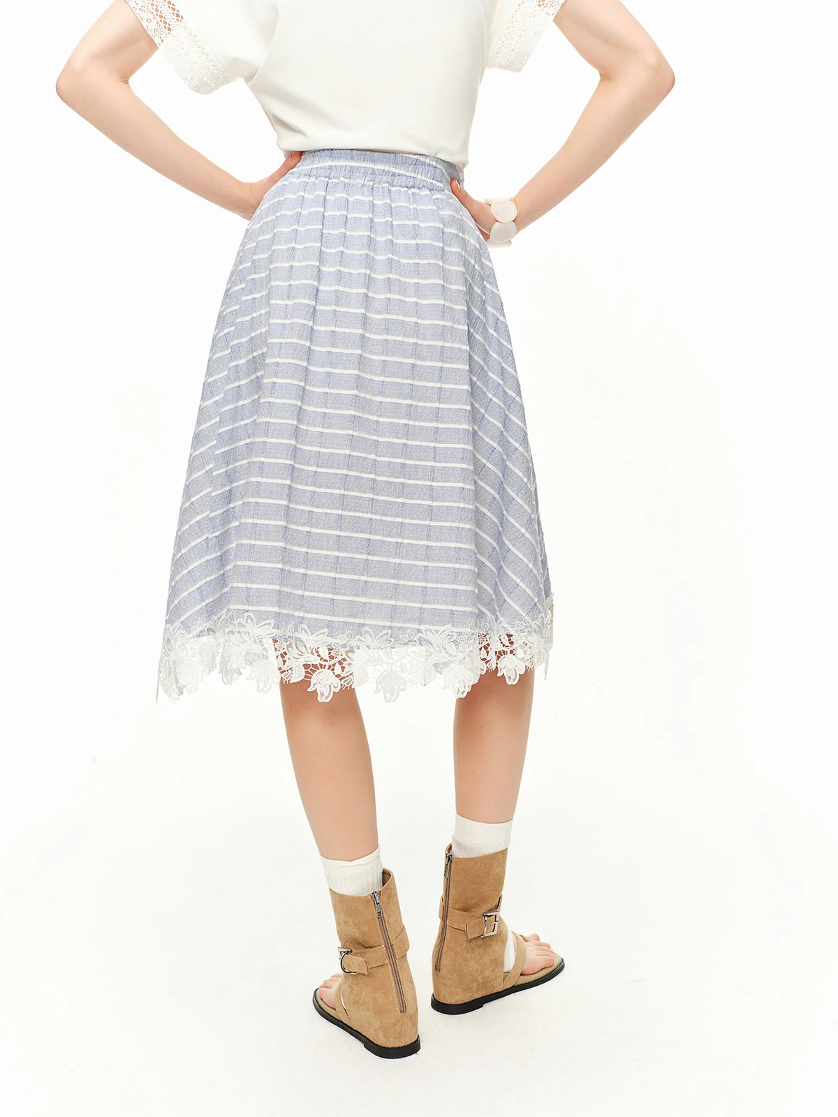 Asymmetric Lace Striped Midi Skirt - High Waist Romantic A-Line