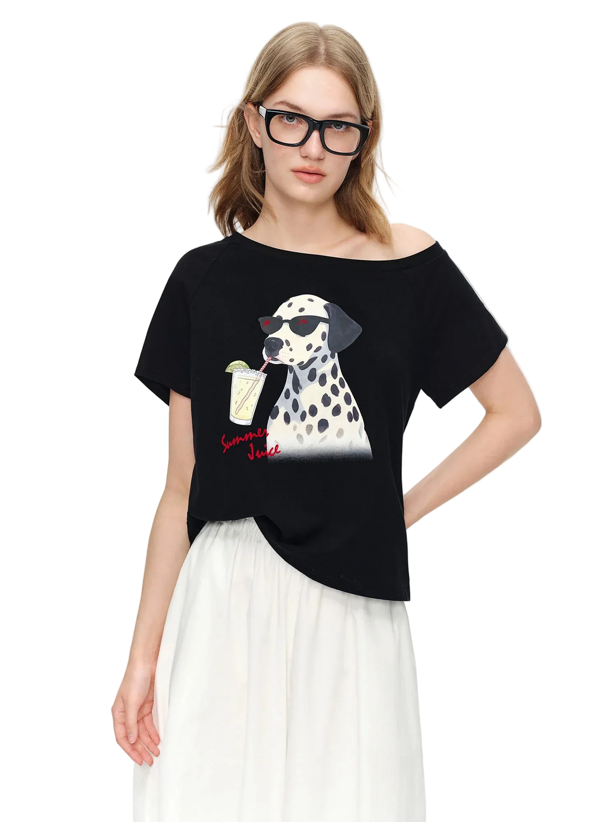 DUSHU Women's One Shoulder T-Shirt Y2K Dog Print Casual Top