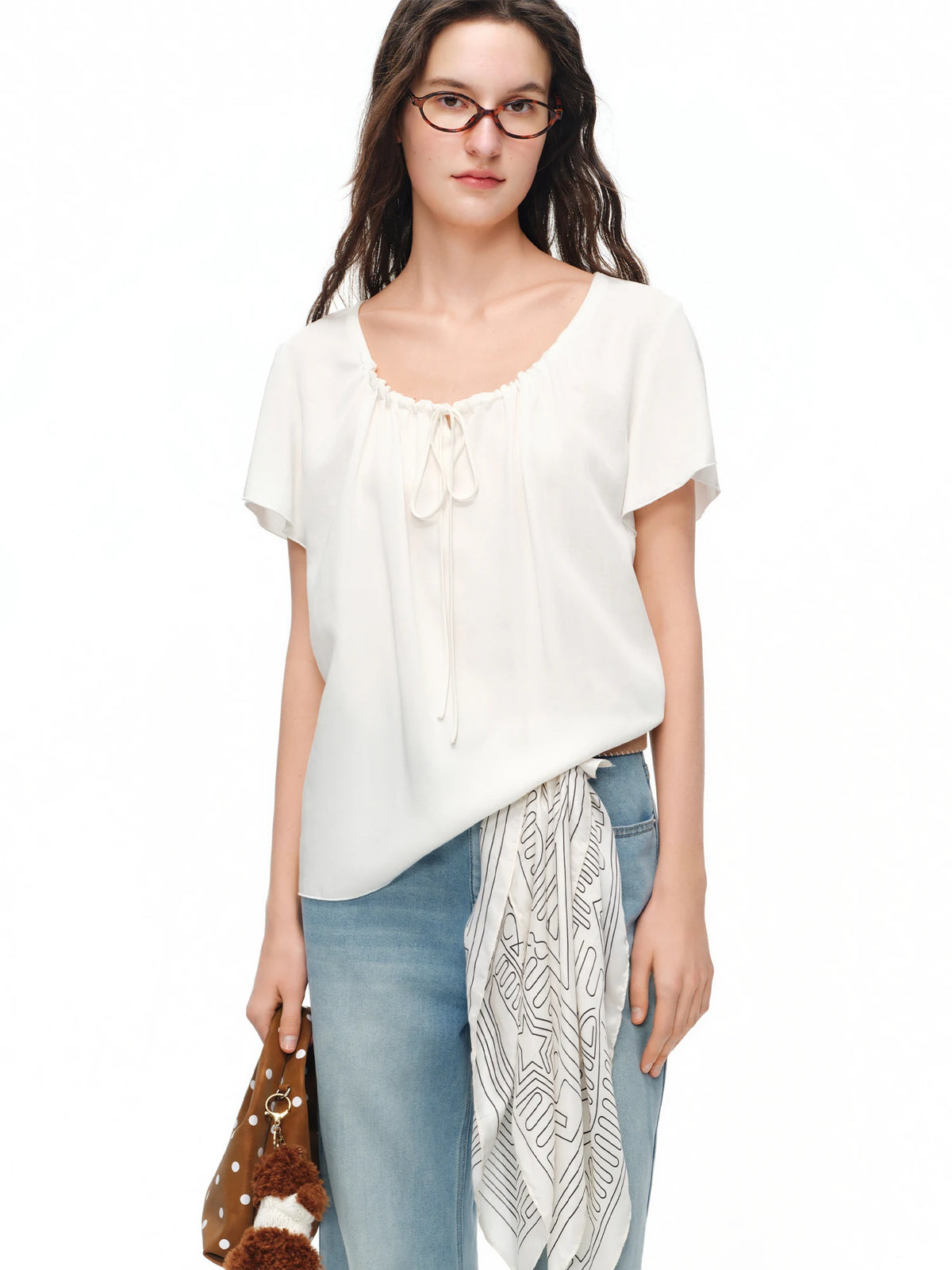 Women's Flutter Sleeve Summer Blouse Drawstring Relaxed Fit Top