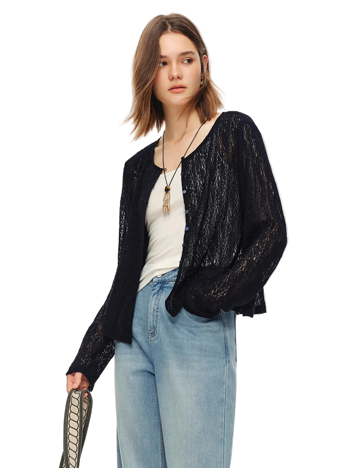 Women's Textured Beaded Knit Cardigan - Summer Openwork Layering Top