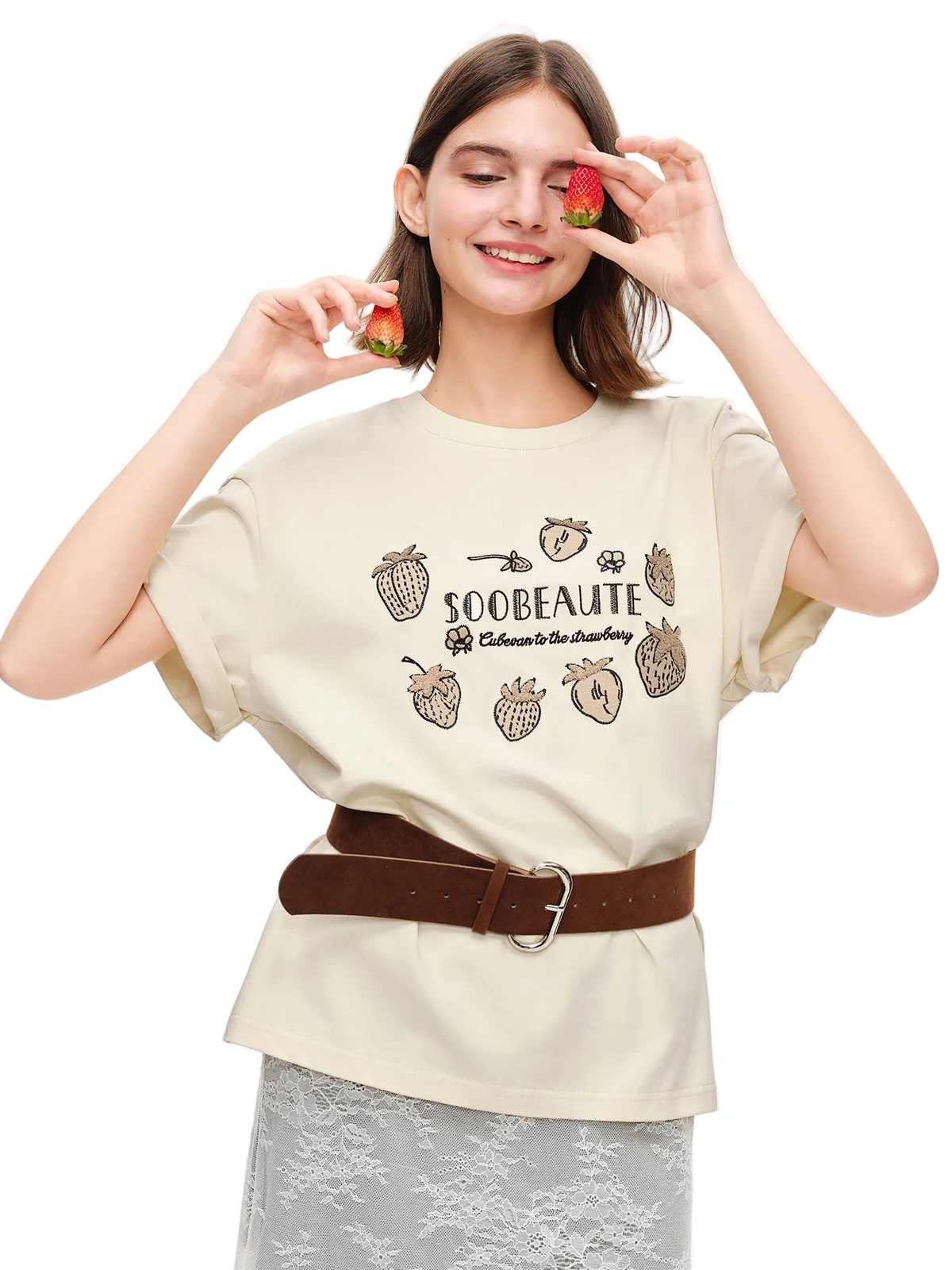 Women's Strawberry Embroidered Graphic Tee - Relaxed Summer Top
