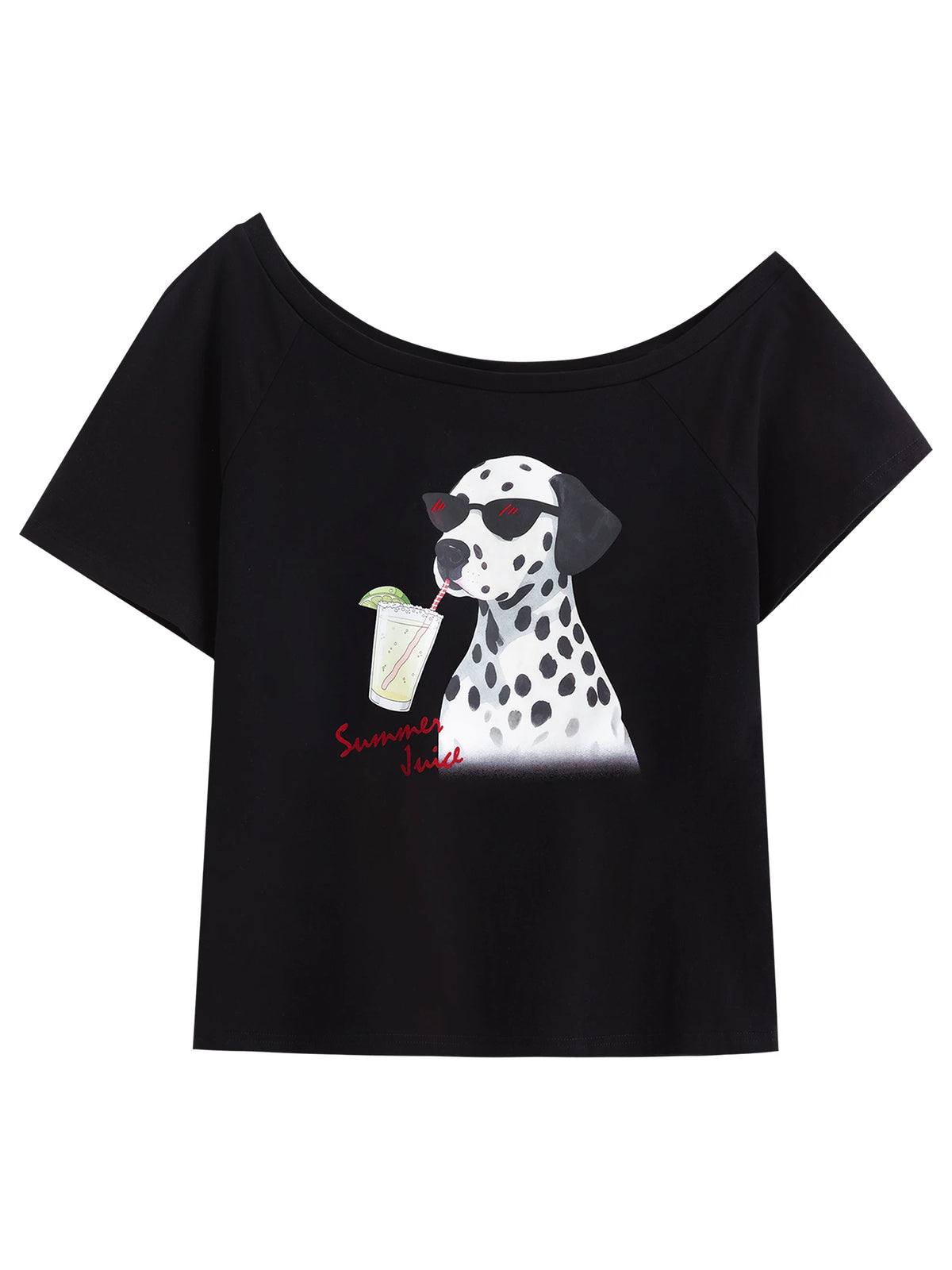 DUSHU Women's One Shoulder T-Shirt Y2K Dog Print Casual Top