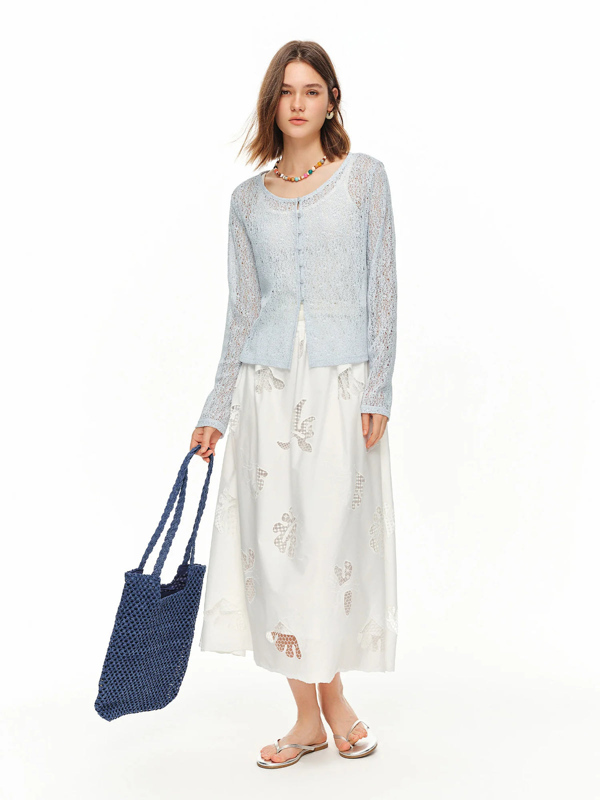 Women's Textured Beaded Knit Cardigan - Summer Openwork Layering Top