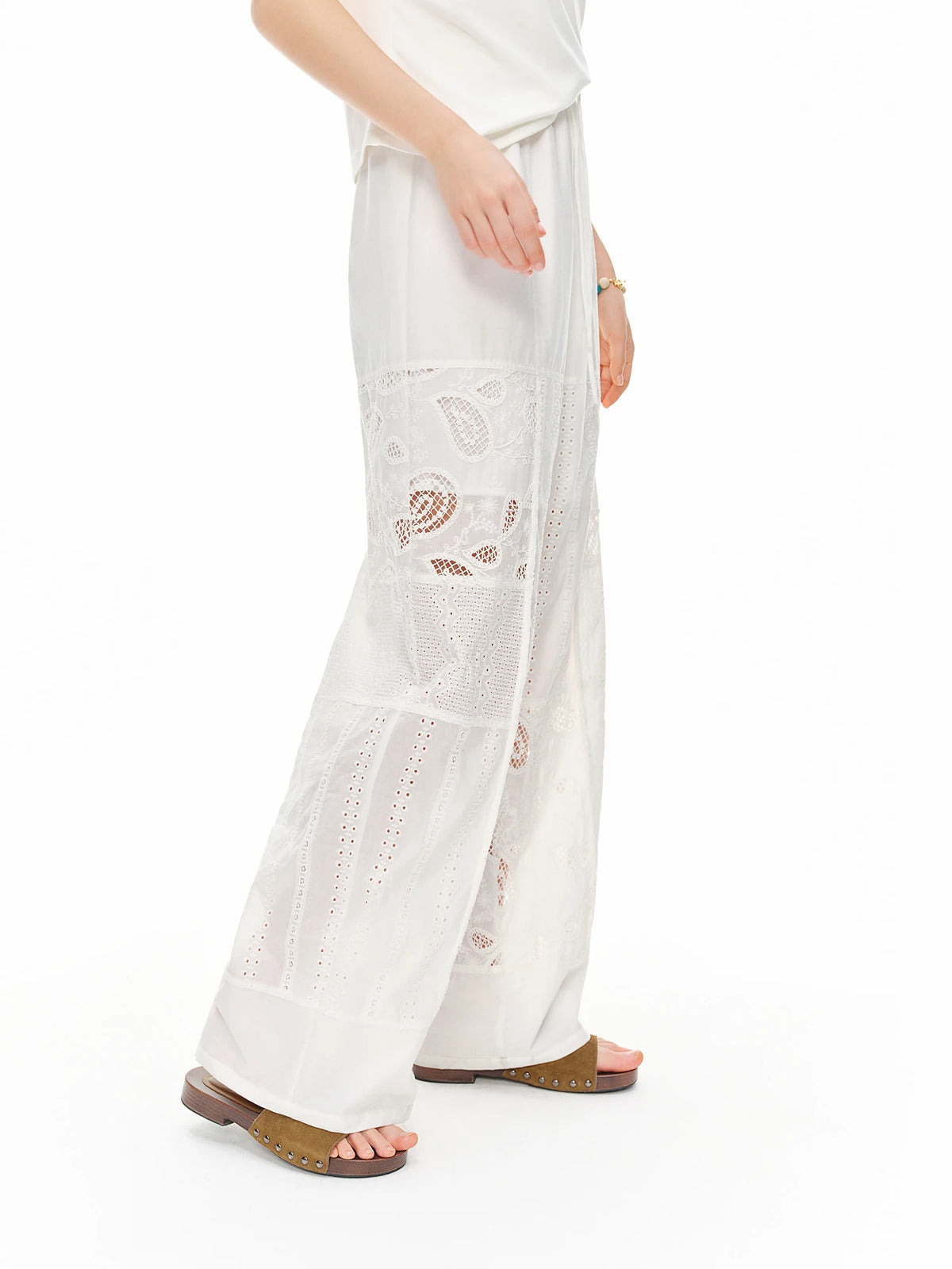 White Hollow Embroidery Wide-Leg Pants | High-Waisted Summer Trousers