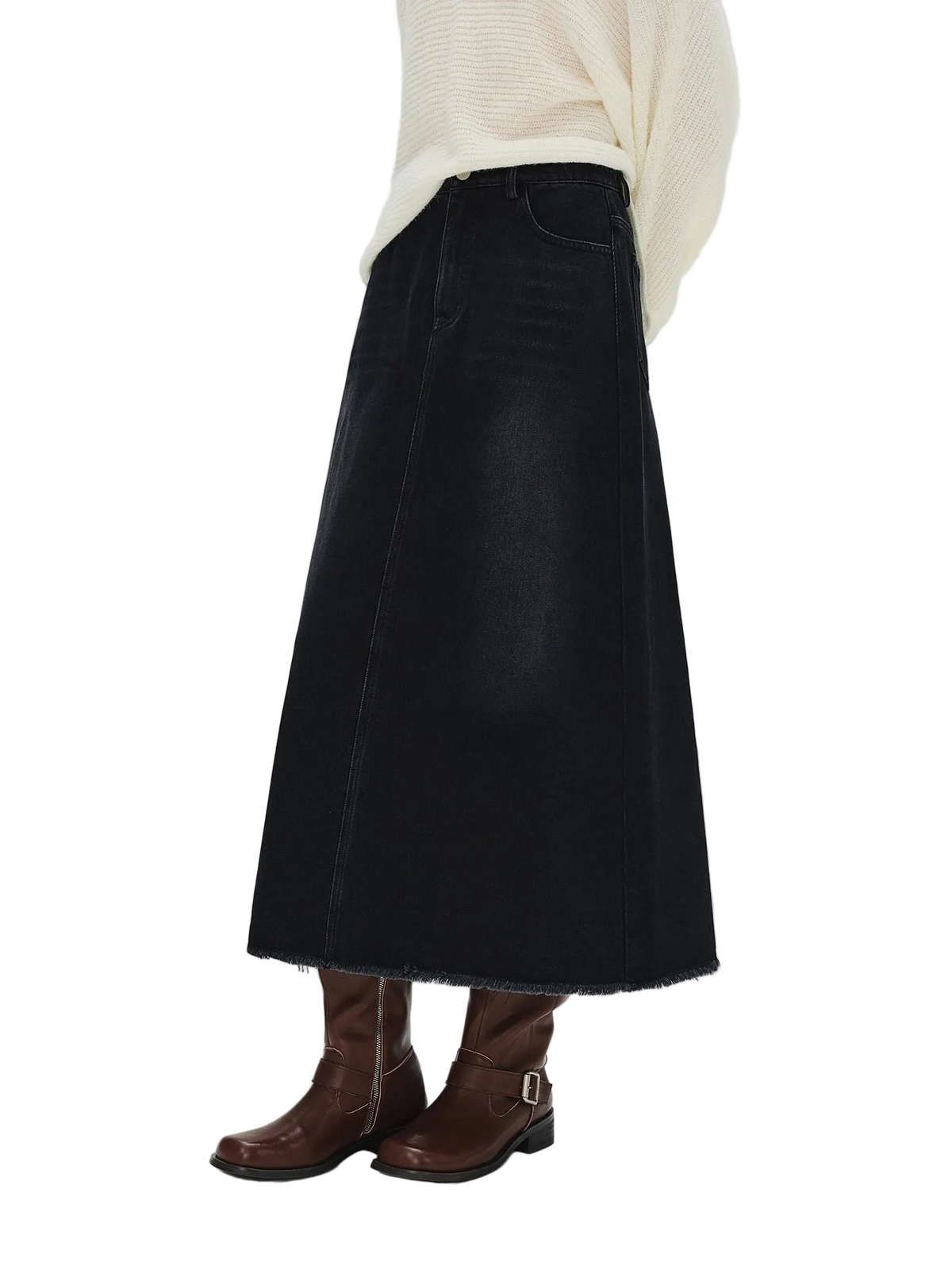 Plus Size Black Denim Midi Skirt - High Waist Slimming Casual Wear