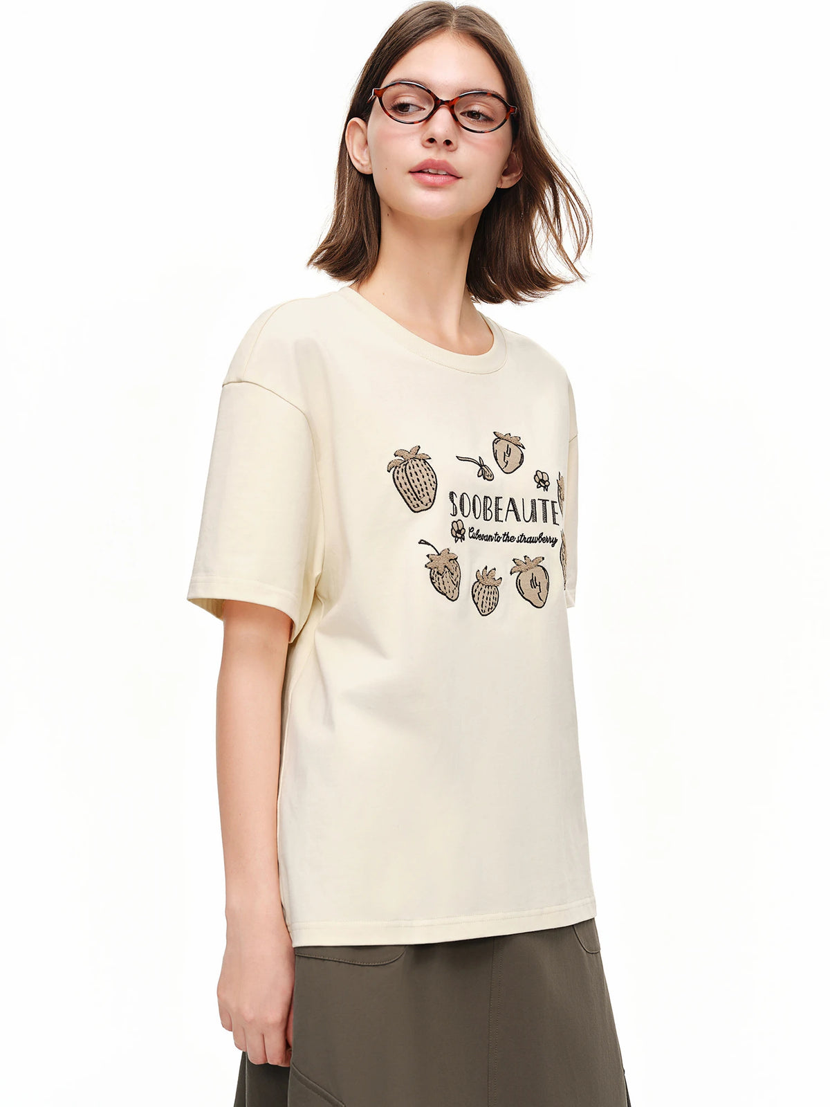 Women's Strawberry Embroidered Graphic Tee - Relaxed Summer Top