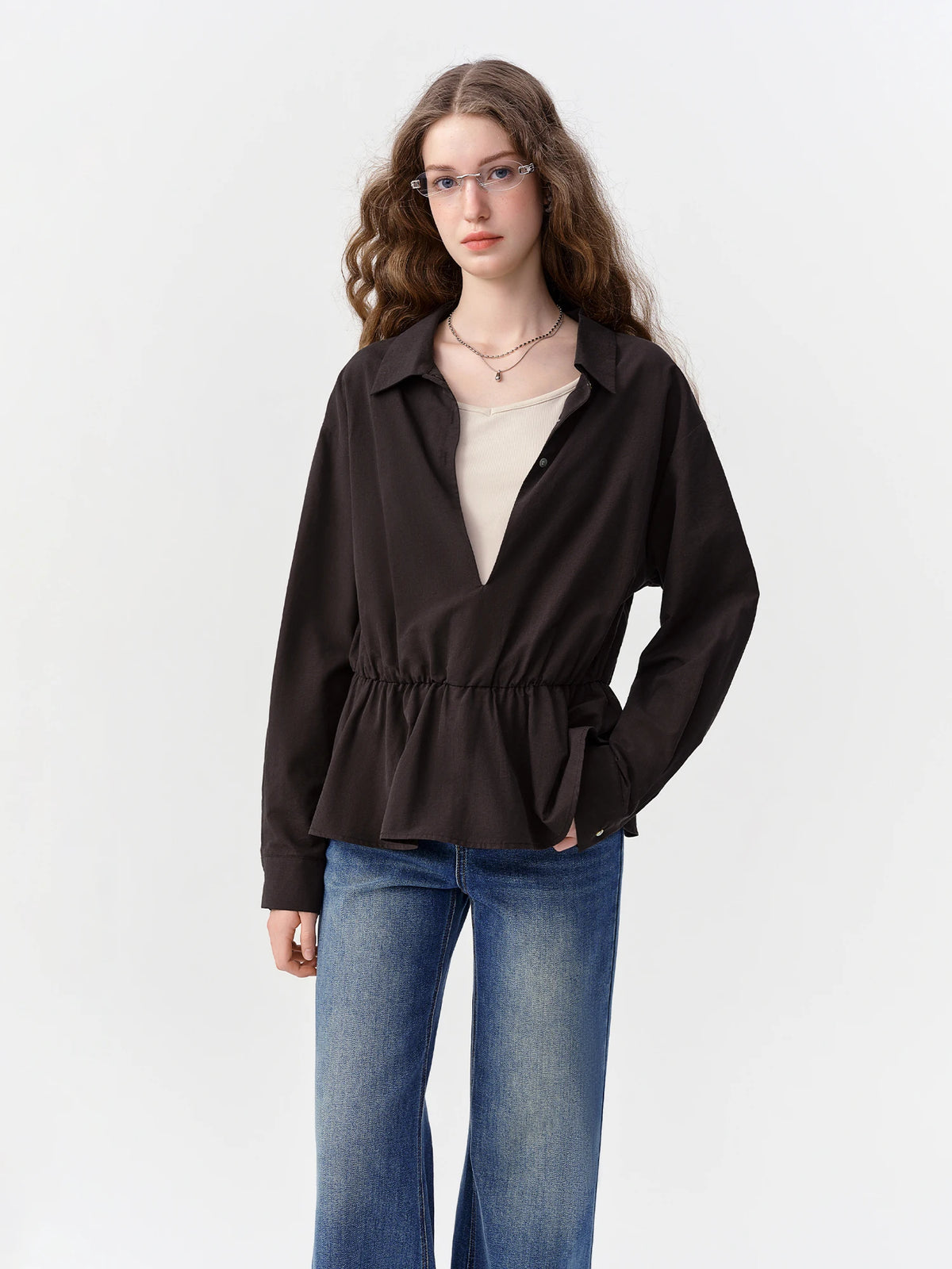Women's Faux Two-Piece Lapel Shirt - Ruffled Hem Retro Commuter Top