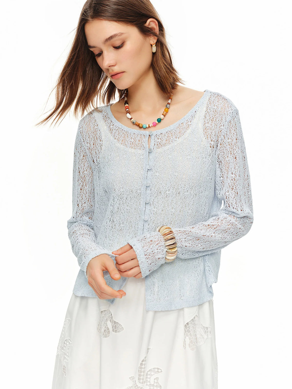 Women's Textured Beaded Knit Cardigan - Summer Openwork Layering Top