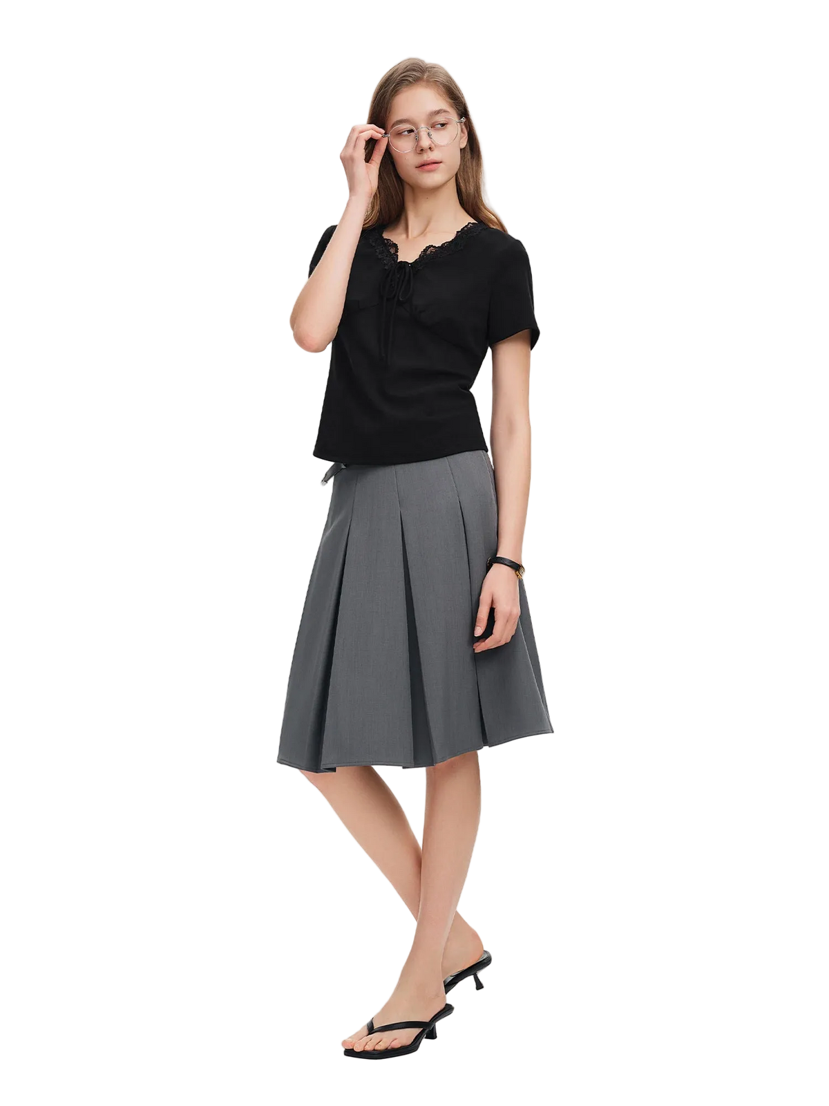 French Lace Trim V-Neck T-Shirt | Waist-Defining Summer Casual Top