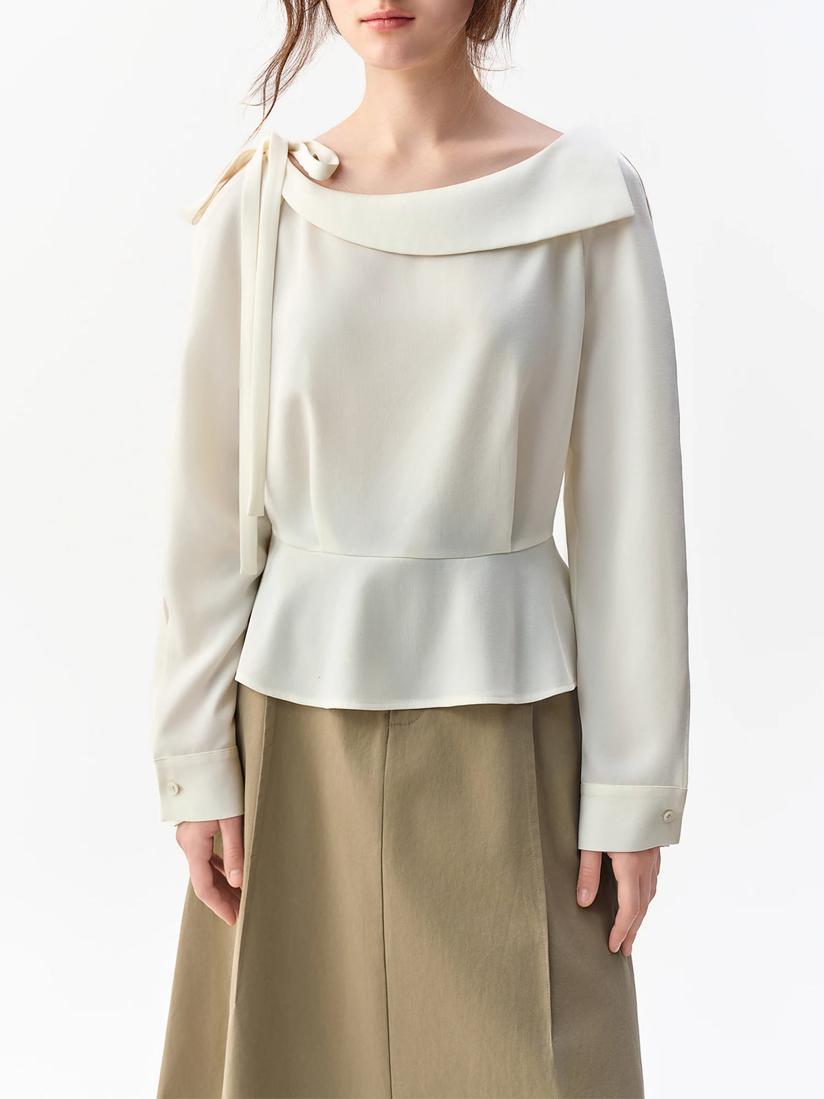 Women's Off-Shoulder Tie-Front Blouse - Elegant Long Sleeve Wrap Top