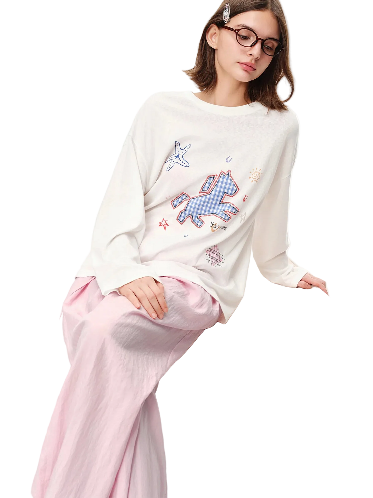 Women's Linen Cotton T-Shirt - Foal Applique Casual Summer Top