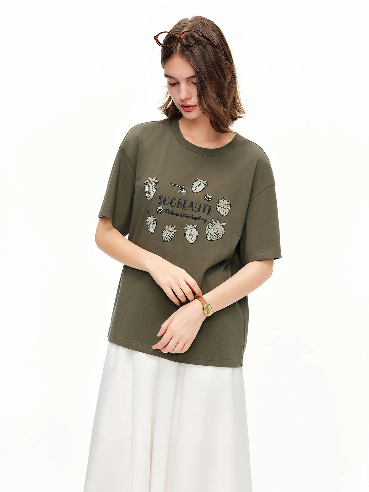 Women's Strawberry Embroidered Graphic Tee - Relaxed Summer Top