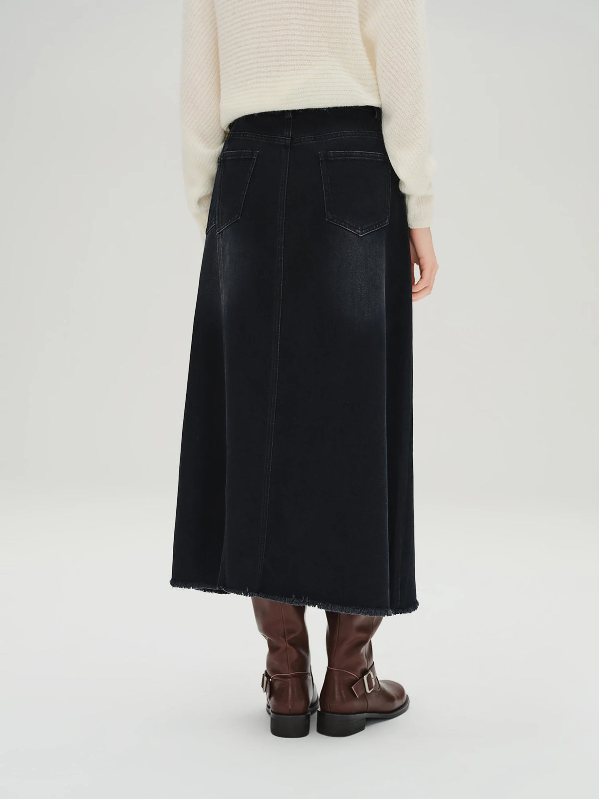 Plus Size Black Denim Midi Skirt - High Waist Slimming Casual Wear