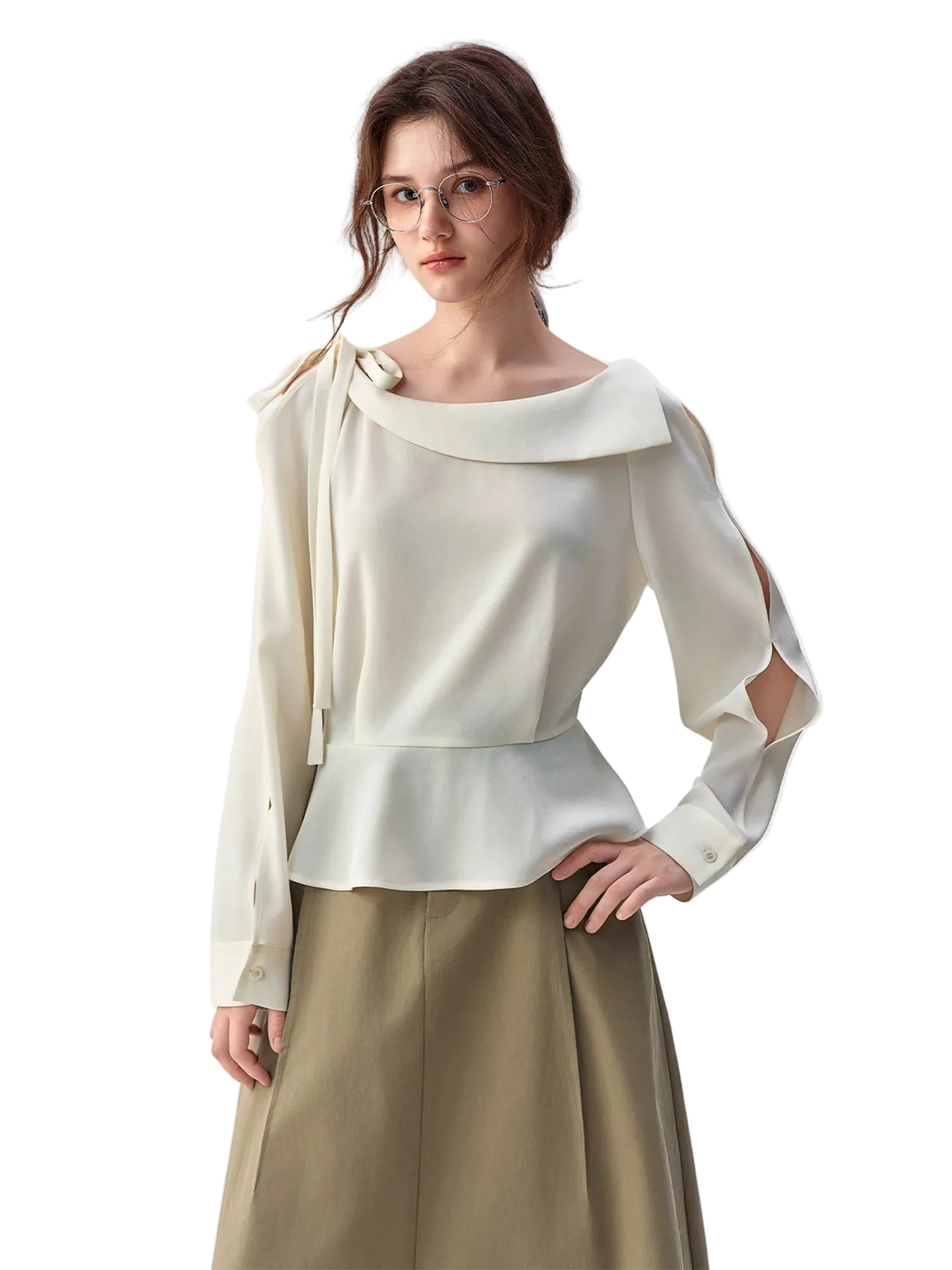 Women's Off-Shoulder Tie-Front Blouse - Elegant Long Sleeve Wrap Top