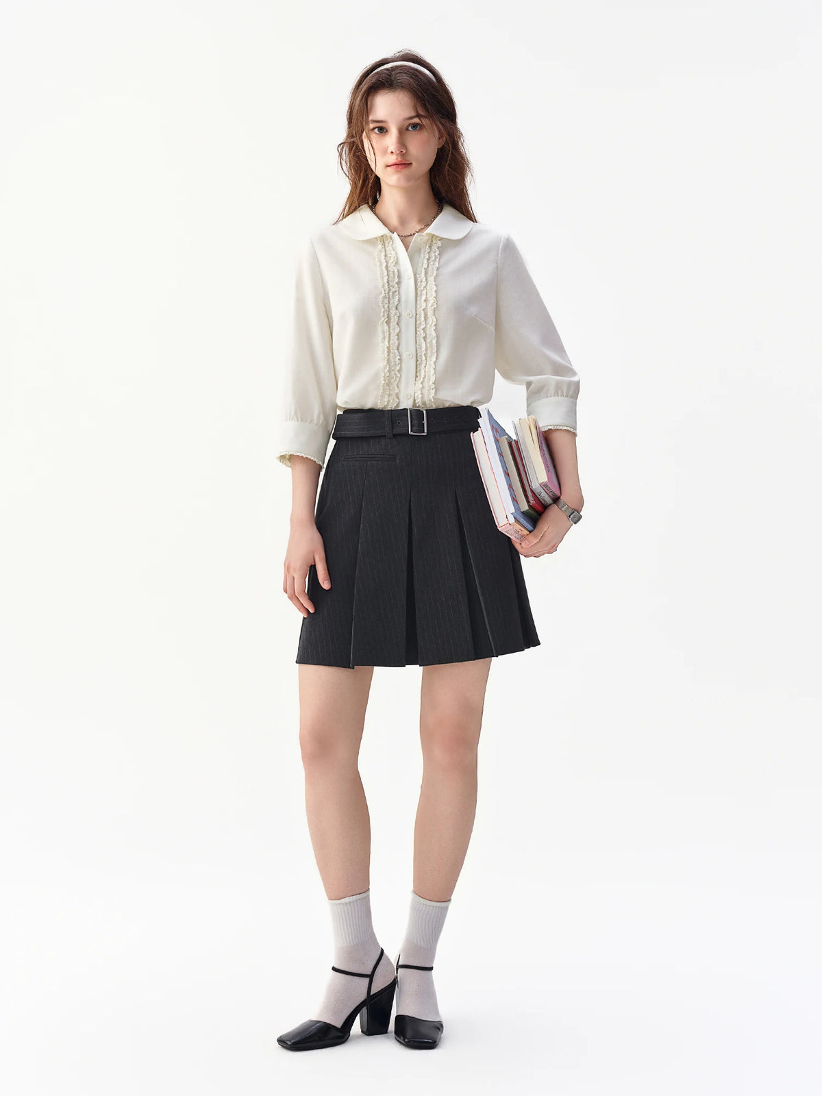 Women's Lace Peter Pan Collar Blouse - Ruffled Long Sleeve Shirt
