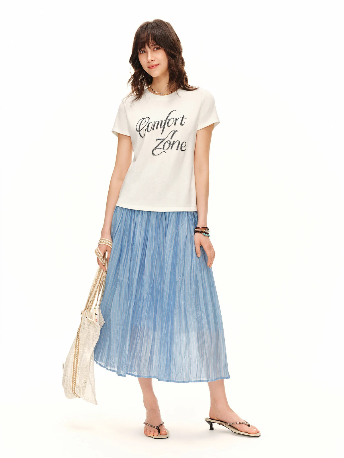 Striped Pleated Midi Skirt - High Waist A-Line Summer Skirt