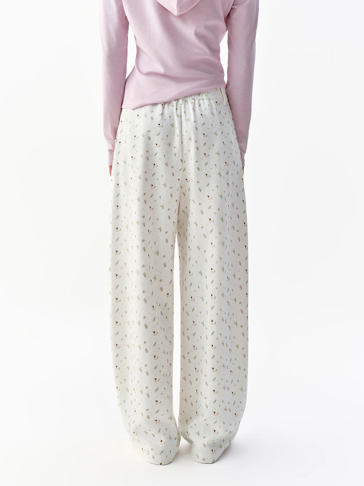 Pink Floral High-Waisted Cotton Blend Straight Leg Pants